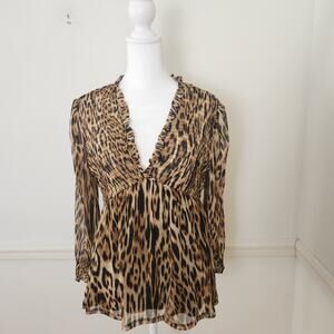 VTG Y2K Stitch Collection Shirt Size Medium Womens Leopard Babydoll Mesh Top 00s